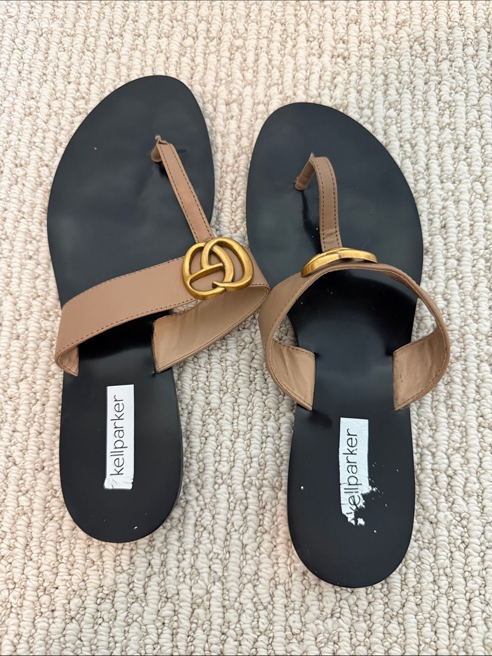 Kell Parker Tan Leather Toe-Post Sandals with Gold Logo Accent - Picture 2 of 5